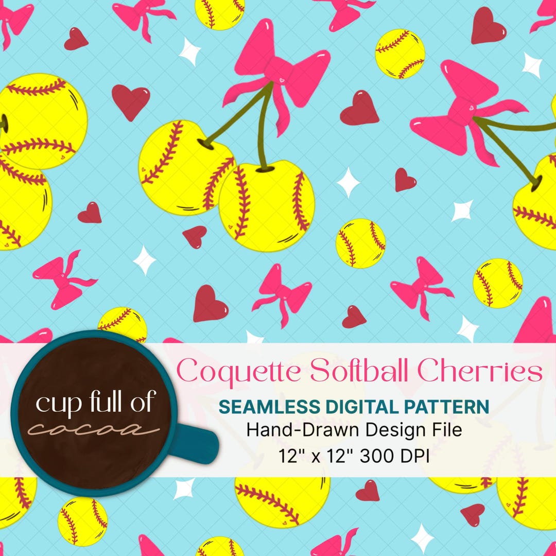 Softball Cherries Seamless Pattern, Coquette Style (digital Download ...