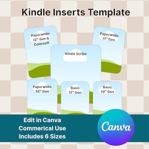 Könnte beinhalten: Eine digitale Vorlage für Kindle-Einsätze, mit sechs Größen für verschiedene Modelle wie Paperwhite und Basic. Das Design zeigt einen blauen Himmel und eine grüne Landschaft. Das Canva-Logo ist sichtbar, zusammen mit Text, der die kommerzielle Nutzung anzeigt.