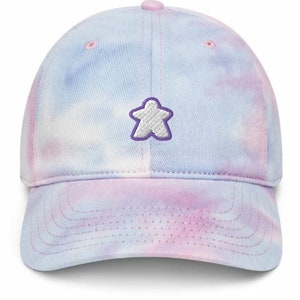 Embroidered White Meeple Tie Dye Dad Hat Unisex Classic Soft Board Game Aesthetic Baseball Cap, Gift For Board Gamer or Board Game Lover Cotton Candy+purple