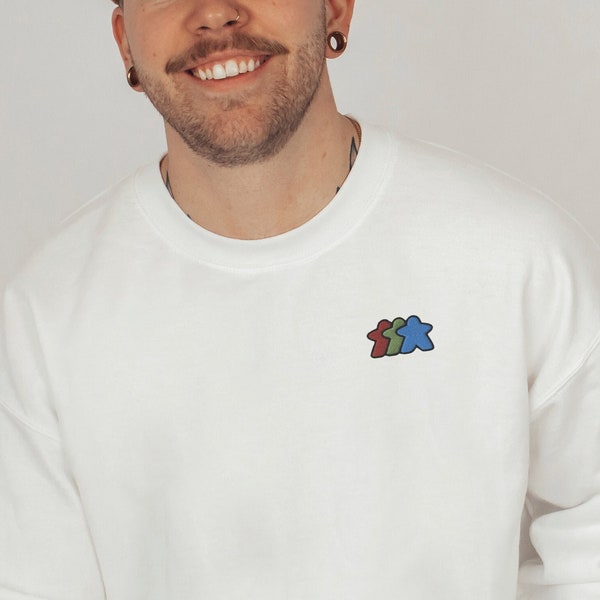 Embroidered Meeple Crewneck Sweatshirt - Unisex Classic Cozy Board Game Aesthetic Sweatshirt, Gift For Board Gamer or Board Game Lover, RGB