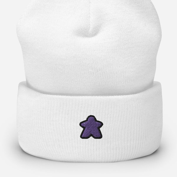 Embroidered Purple Meeple Cuffed Beanie - Unisex Soft Winter Board Game Aesthetic Beanie Cap Hat, Gift For Gamer and Board Game Lover