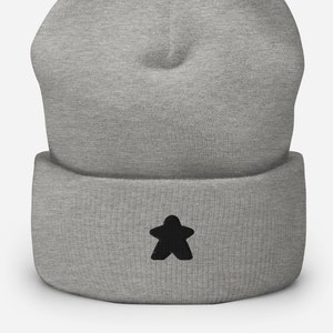 Embroidered Black Meeple Cuffed Beanie Unisex Soft Winter Board Game Aesthetic Beanie Cap Hat, Gift For Gamer and Board Game Lover Heather Grey