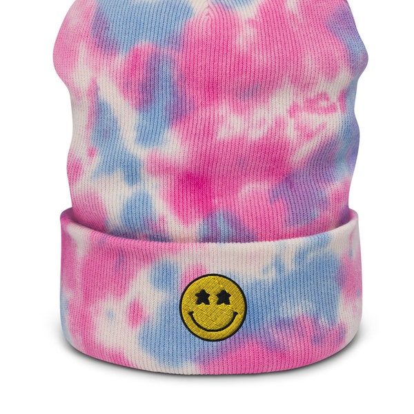 Embroidered Meeple Smiley Face Tie dye Beanie - Unisex Cozy Board Game Aesthetic Cuffed Beanie Cap Hat, Gift For Gamer or Board Game Lover