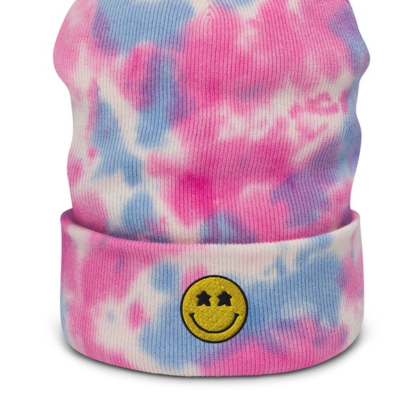 Geborduurde Meeple Smiley Face Tie dye Beanie - Unisex Gezellig Bordspel Esthetische Gemanchette Muts, Cadeau voor Gamer of Board Game Lover