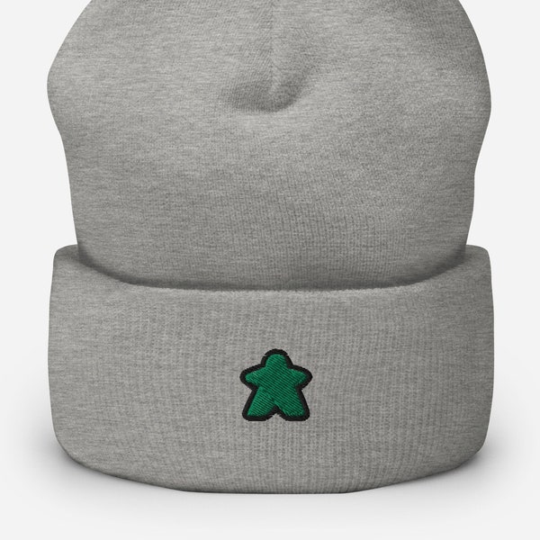 Embroidered Green Meeple Cuffed Beanie - Unisex Soft Winter Board Game Aesthetic Beanie Cap Hat, Gift For Gamer and Board Game Lover