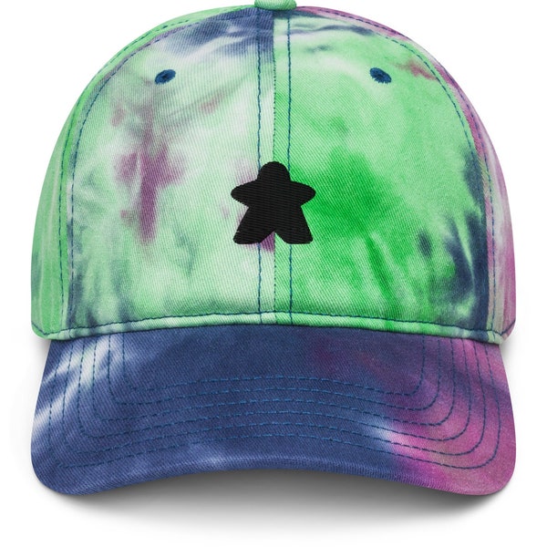 Embroidered Black Meeple Tie Dye Dad Hat - Unisex Classic Soft Board Game Aesthetic Baseball Cap, Gift For Board Gamer or Board Game Lover