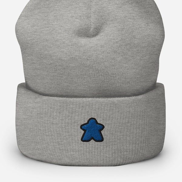 Embroidered Blue Meeple Cuffed Beanie - Unisex Soft Winter Board Game Aesthetic Beanie Cap Hat, Gift For Gamer and Board Game Lover