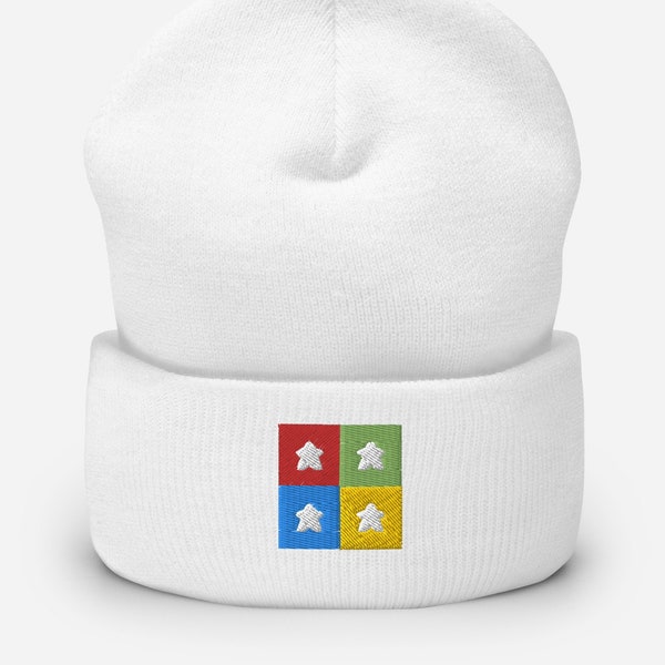 Embroidered Colored Windows Meeple Beanie - Unisex Soft Winter Board Game Aesthetic Cap Hat, Gift For Board Gamer or Board Game Lover