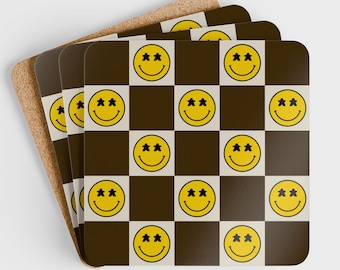 Brown Checkered Smile Face Board Game Coasters Set of 4 Gift for Gamer Game Room Decor Board Game Drink Coaster Game Night Accessory