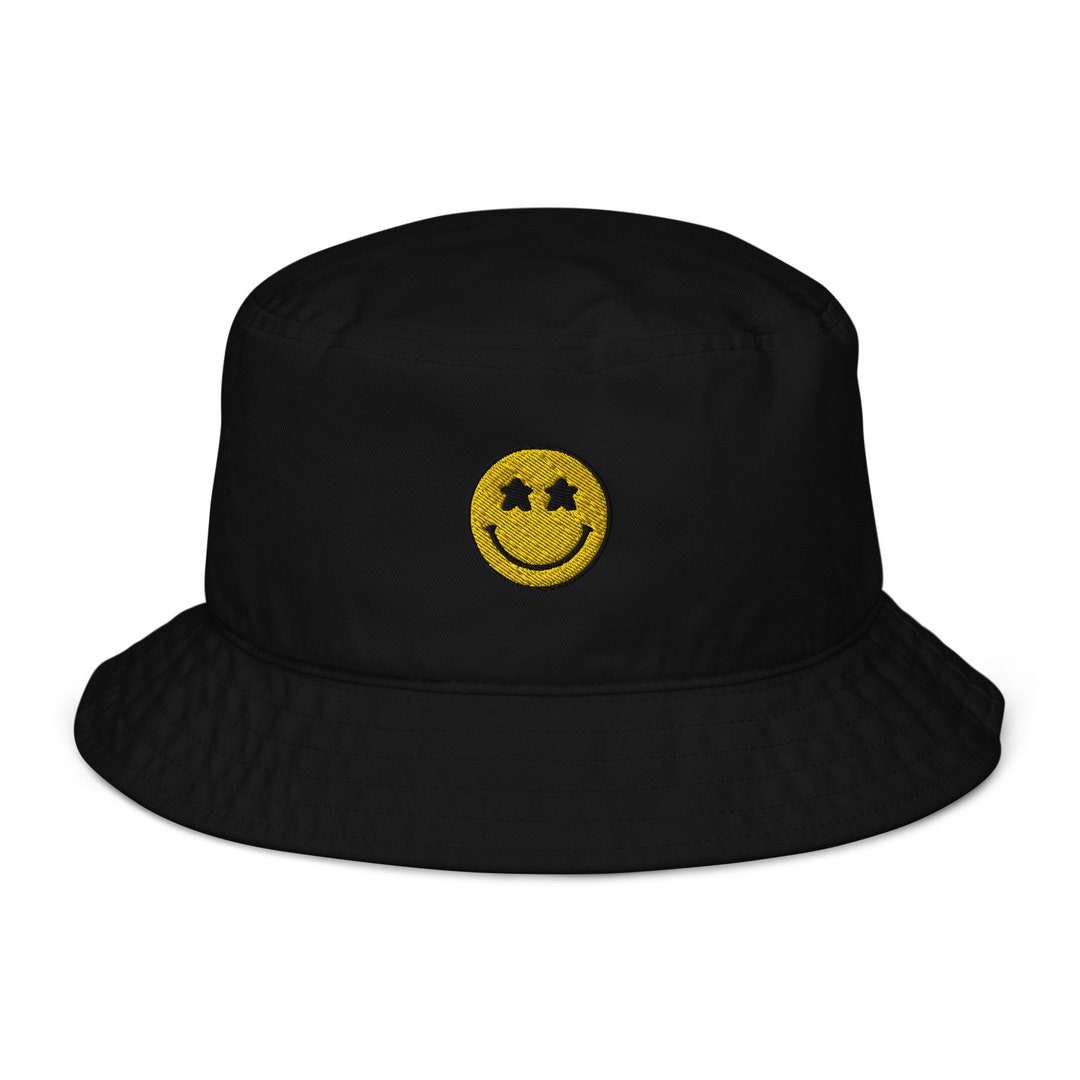 Yellow Hat Sticker Embroidered Organic Bucket Hat - Yellow Meeple Smiley Face Unisex Board ...