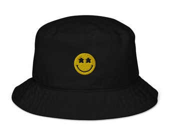 Embroidered Organic Bucket Hat - Yellow Meeple Smiley Face Unisex Board Game Aesthetic Cap Hat, Eco Friendly Headwear, Gift For Board Gamer