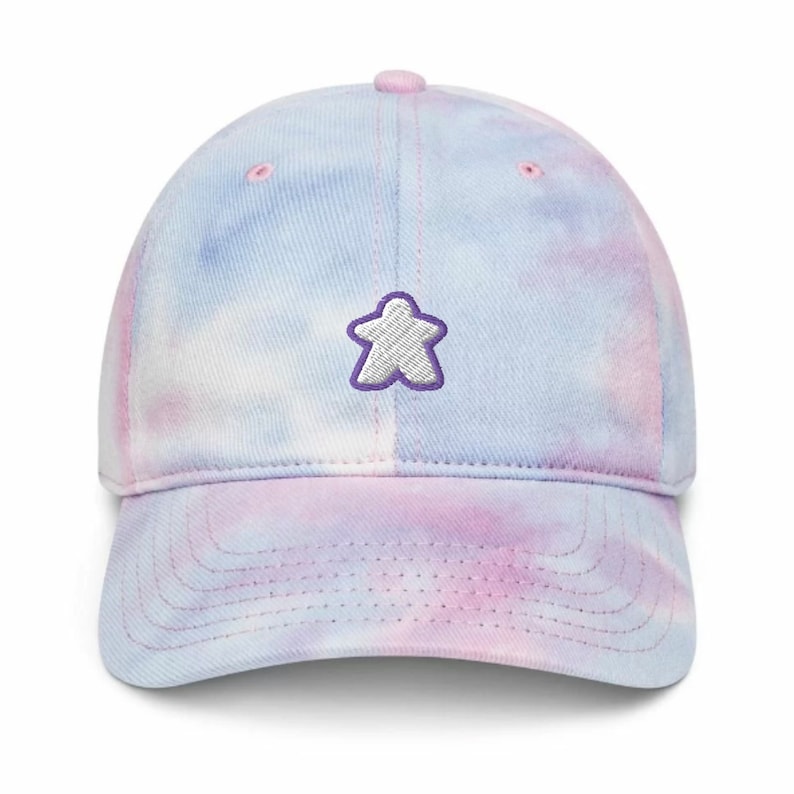 Embroidered White Meeple Tie Dye Dad Hat Unisex Classic Soft Board Game Aesthetic Baseball Cap, Gift For Board Gamer or Board Game Lover Cotton Candy+purple