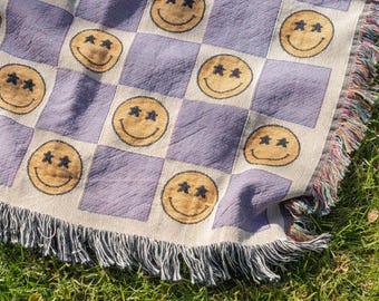 Purple Checkered Meeple Smile Face Woven Throw Blanket Tapestry, Board Game Cozy Room Decor Wall Hanging, Housewarming Gift For Board Gamer