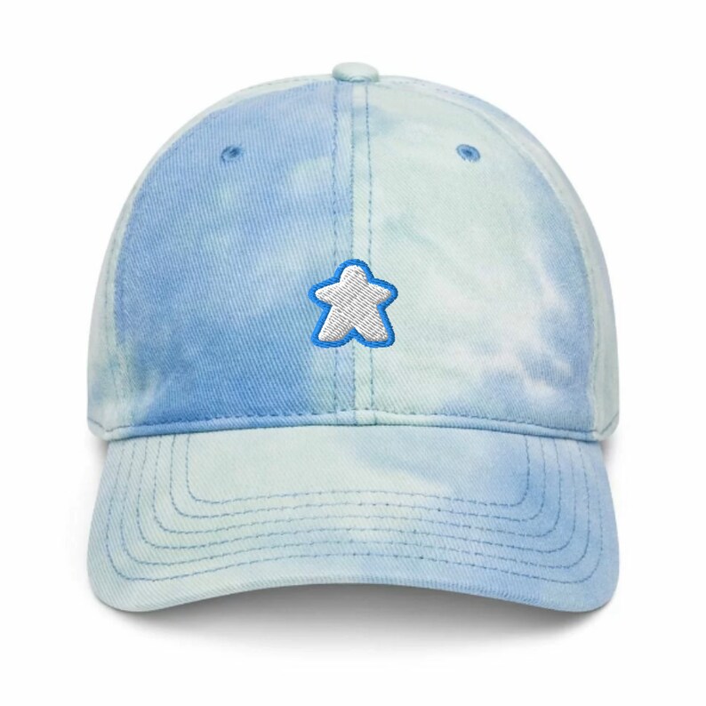 Embroidered White Meeple Tie Dye Dad Hat Unisex Classic Soft Board Game Aesthetic Baseball Cap, Gift For Board Gamer or Board Game Lover Sky + white/blue