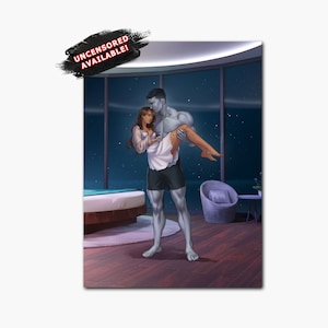 May include: A man in dark shorts carries a woman in a white dress in his arms. They are standing in a modern room with a large window overlooking a city at night. The room has a large bed and a chair.