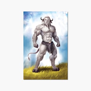 May include: A white, muscular, humanoid figure with a bull's head and horns stands in a field of grass. The figure is wearing a dark grey kilt and has a white, furry body. The background is a blue sky with white clouds.