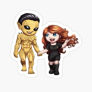 May include: A cartoon illustration of a couple holding hands. The woman has long red hair and is wearing a black dress. The man is a humanoid with yellow scales and is wearing no clothes.