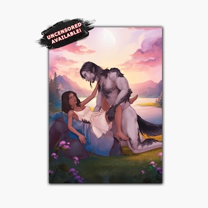 Puede incluir: Ilustración de una mujer con un vestido blanco reclinada cerca de un lago, con una figura de hombre lobo encima de ella. El fondo presenta una puesta de sol con montañas y una luna llena. El texto dice "UNCENSORED AVAILABLE!"