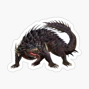 May include: A black, spiky, reptilian creature with a long tail and sharp claws. It has a fierce expression with a red tongue sticking out.