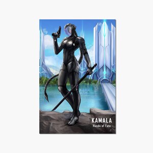 May include: Illustration of a futuristic figure in a black suit, holding a gun and a sword. The figure has a helmet with a clear visor and a tail. The background features a futuristic city and a body of water. The text "KAMALA Hands of Fate" is at the bottom.