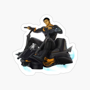 May include: A black and orange futuristic motorcycle with a person wearing a black suit and a yellow face riding it.