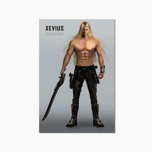 May include: A digital illustration of a muscular, shirtless man with long blonde hair. He is wearing black pants, boots, and a sword. The text "XEVIUS Hands of Fate" is at the top of the image.