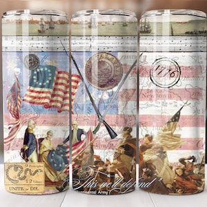 May include: A stainless steel tumbler with a patriotic design. The design features an American flag, historical figures, and the text "1776" and "Unite or Die". The tumbler has a vintage, historical theme.