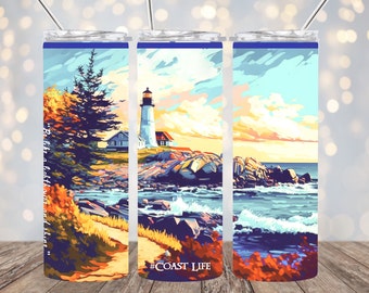 May include: A colorful illustration of a lighthouse on a rocky coast with a path leading to it. The sky is blue with white clouds and the ocean is blue with white waves. The text "#COAST LIFE" is at the bottom of the image.