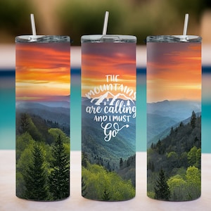 096. The Mountains are Calling and I Must Go - Finished Skinny 20 oz. Tumbler, Finished Tumblers, West Virginia, John Denver, Sunset,