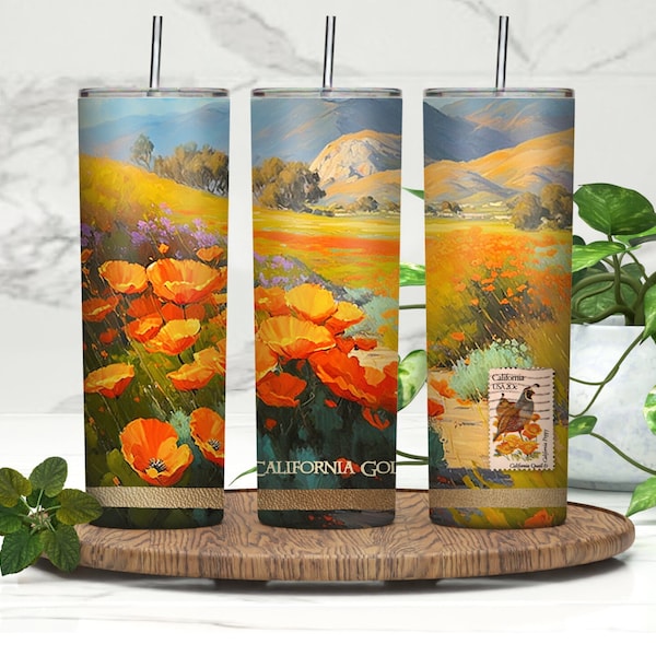 144. Beautiful California Poppies in the hills, backed by Sierra Mountains. FINISHED 20 oz. TUMBLER, Made to Order, gold, yellow, sky blue,