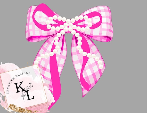 Pink Gingham Bow with Pearls PNG (Digital Download)