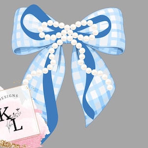 May include: A blue gingham bow with a pearl strand accent. The bow has a solid blue center and is decorated with a string of white pearls. The bow is a digital illustration with the text "CREATIVE DESIGNS" and the letters "K L".
