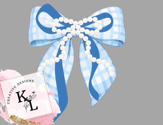 Blue Gingham Bow with Pearls PNG (Digital Download)
