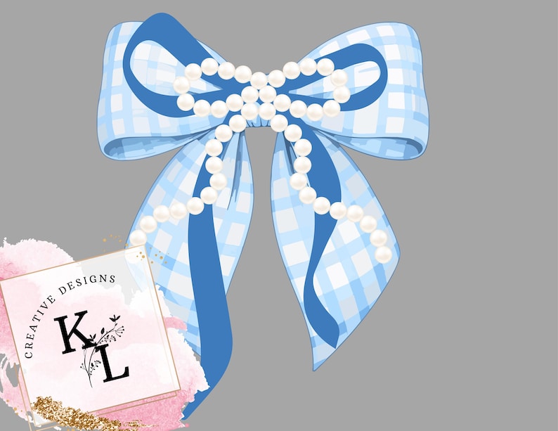 May include: A blue gingham bow with a pearl strand accent. The bow has a solid blue center and is decorated with a string of white pearls. The bow is a digital illustration with the text "CREATIVE DESIGNS" and the letters "K L".