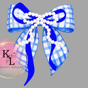 May include: A blue and white gingham patterned bow featuring a solid blue ribbon overlay and a string of white pearls draped across the center. A circular logo with the text KL CREATIVE DESIGNS is positioned in the lower left corner of the image.