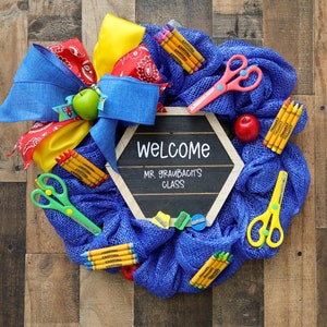 Personalized Wreath for Teacher&#39;s classroom front door, Back to School Elementary Classroom Decor Classroom Door Hanger