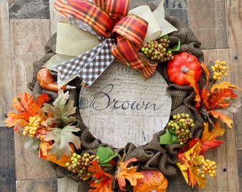 Custom Brown Burlap Fall Wreath with Autumn Leaves, Pumpkins, and Stylish Plaid Bow