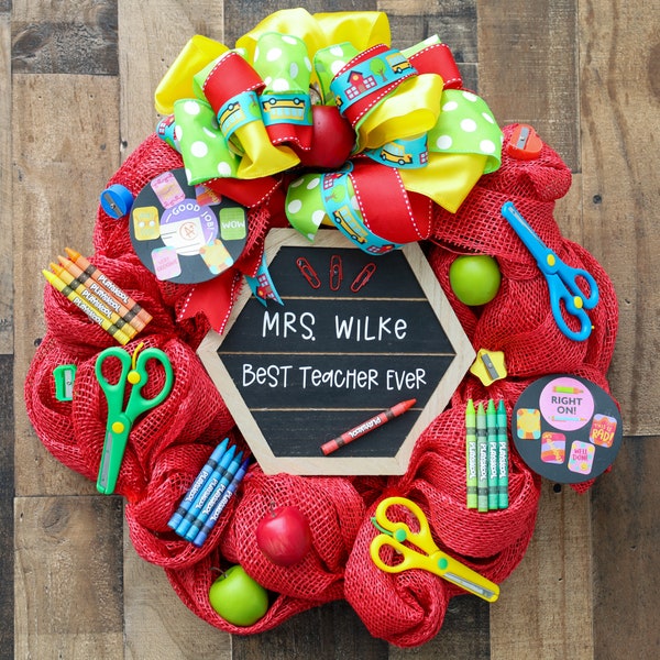 Personalized Wreath for Teacher, Back to School Classroom Decor, World's Best Teacher Classroom Door Gift, Custom Classroom Door Hanger