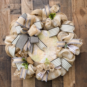Vintage Cottage Front Door Wreath with Black and Beige Gingham and beautiful Calligraphy antique Letters