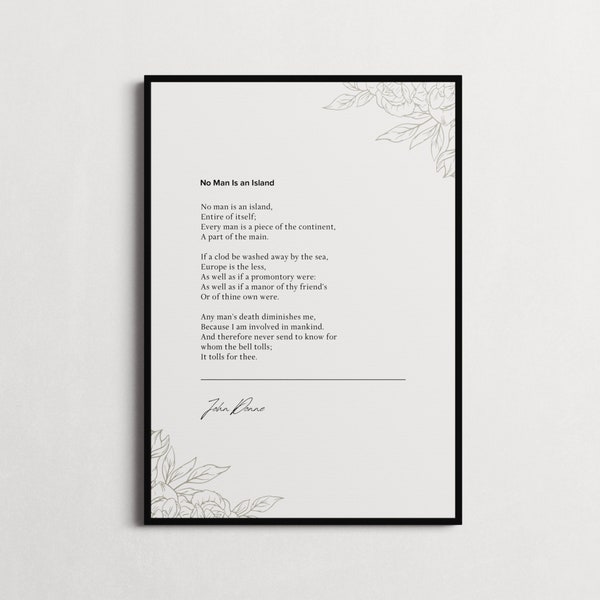 John Donne  'No Man is an Island' | Book Quote Print | Inspiring Quotes, Motivation Print | Choice of Colours and Frames