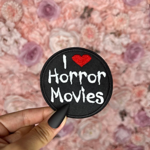 Creepy Chic 'I Love Horror Movies' Patch - Black, White, and a Blood-Red Heart- Halloween Decor/Accessories