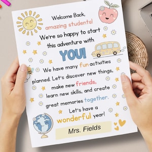 Primer día de clases, Carta de bienvenida del profesor, Conoce a tu profesor, Bienvenido de nuevo a clases, Tarjeta de profesor a estudiante, PDF rellenable