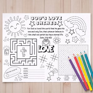 John 3:16 Coloring Placemat, Bible Verse Activity for Sunday School or Church
