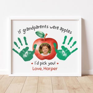 Grandparent Handprint Craft for Kids with Photo Frame, Personalized Apple Handprint Art, Daycare and Preschool Activity, Canva Template
