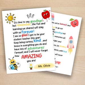 Poema y carta de despedida para estudiantes y maestros, imprimible de fin de año escolar, tarjeta de regalo de maestro a estudiante para la clase de escuela primaria