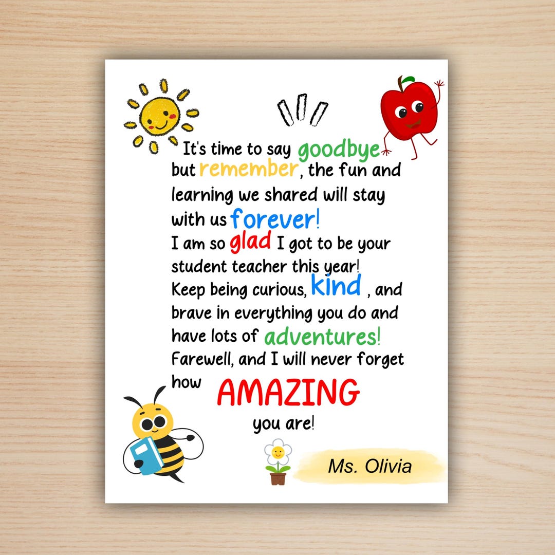 End of School Year Letter Printable, Student Teacher Goodbye Gift ...