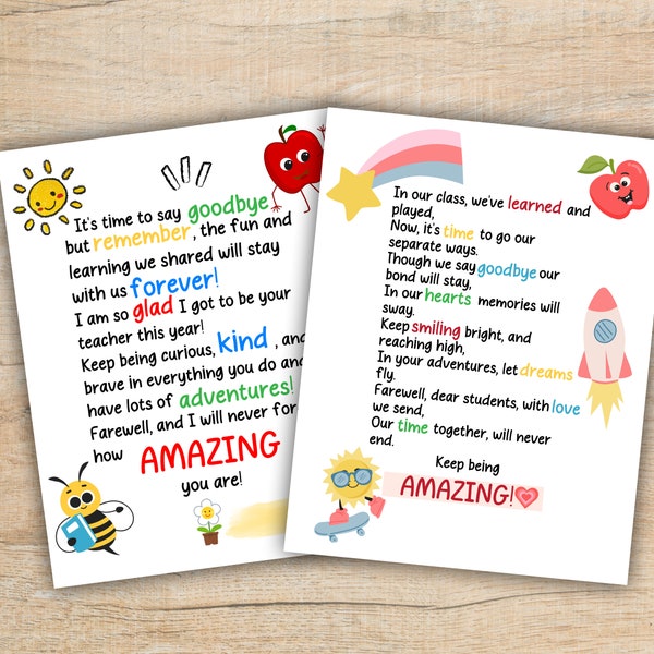 Goodbye Poem and Letter to Student Bundle, End of School Year Letter Printable,Elementary School Class Gift from Teacher to Student Card