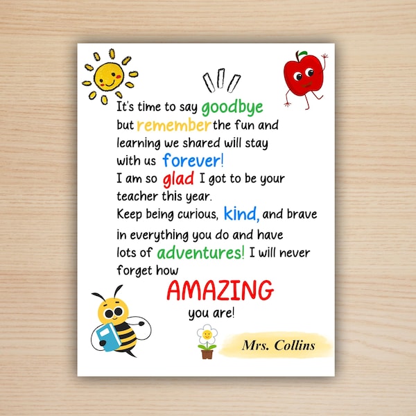 End of School Year Poem Gift From Teacher to Student, End of Year Gift ...