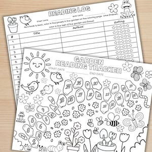 May include: Two printable reading logs and trackers. The top sheet is a reading log with spaces for title, author, and rating. The bottom sheet is a garden-themed reading tracker with a sun, birds, flowers, and numbered stones.