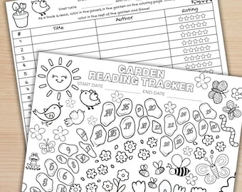 Kids Reading Tracker Coloring Page | Summer Reading Log Printable for Kids, Book Challenge Tracker, Book Review Pages, Garden Scene
